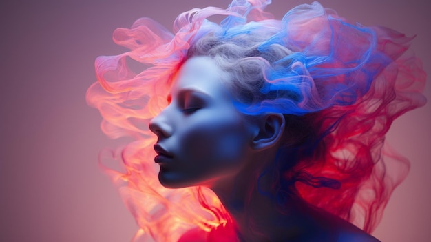 een vrouw met kleurrijke rook in haar haar