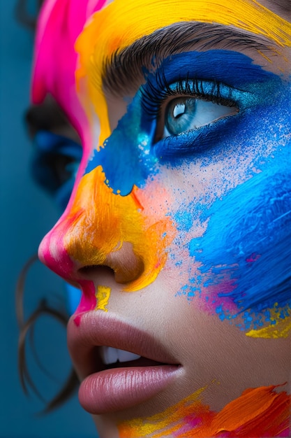 Een vrouw met kleurrijke verf op haar gezicht.
