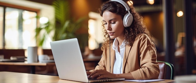 Foto een vrouw met koptelefoon en een laptop op haar bureau