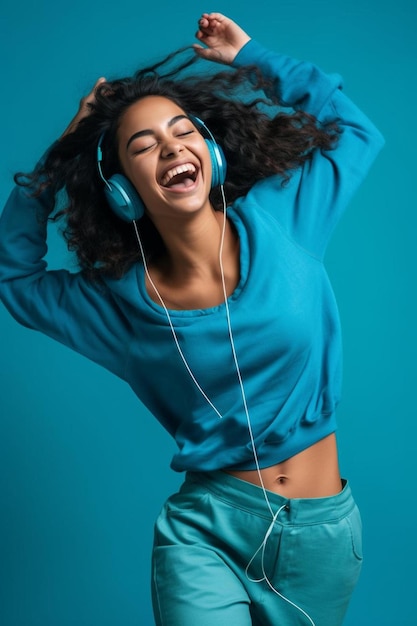 een vrouw met koptelefoon lacht en danst