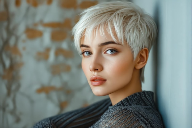 Een vrouw met kort blond haar leunt tegen een muur.