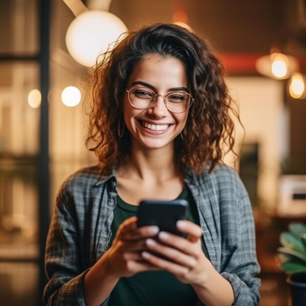 een vrouw met krullend haar gebruikt een telefoon en glimlacht