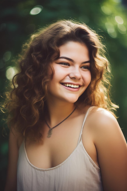 Een vrouw met krullend haar glimlacht in een park.