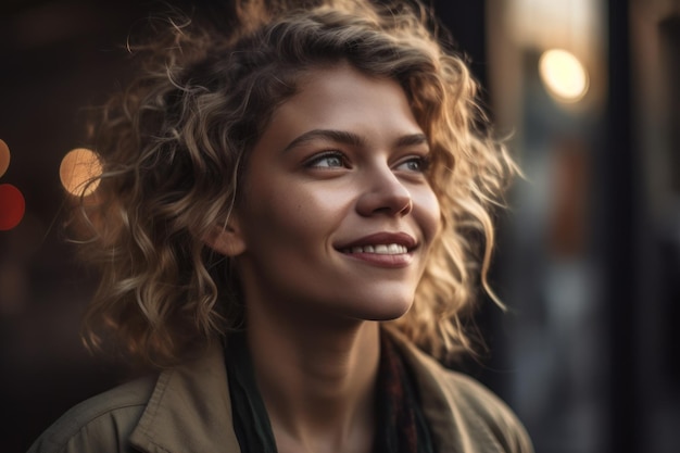 Een vrouw met krullend haar glimlacht naar de camera.