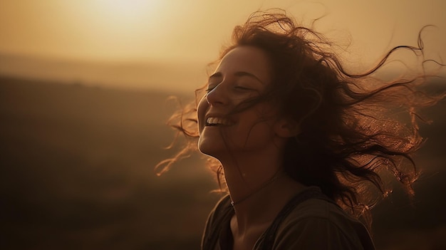 Een vrouw met krullend haar glimlacht naar de zonsondergang