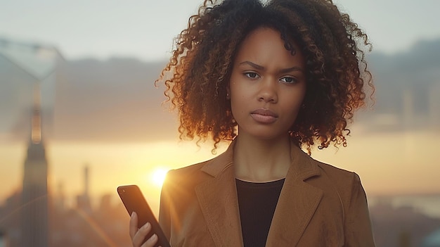 Een vrouw met krullend haar houdt een mobiele telefoon vast voor de skyline van de stad.