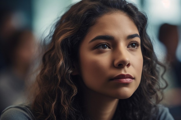 Een vrouw met krullend haar kijkt in de verte.