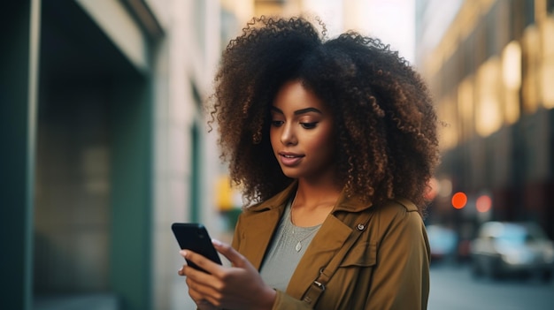 een vrouw met krullend haar sms't op haar telefoon en kijkt naar haar telefoon.