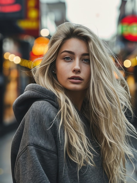 een vrouw met lang blond haar en een hoodie