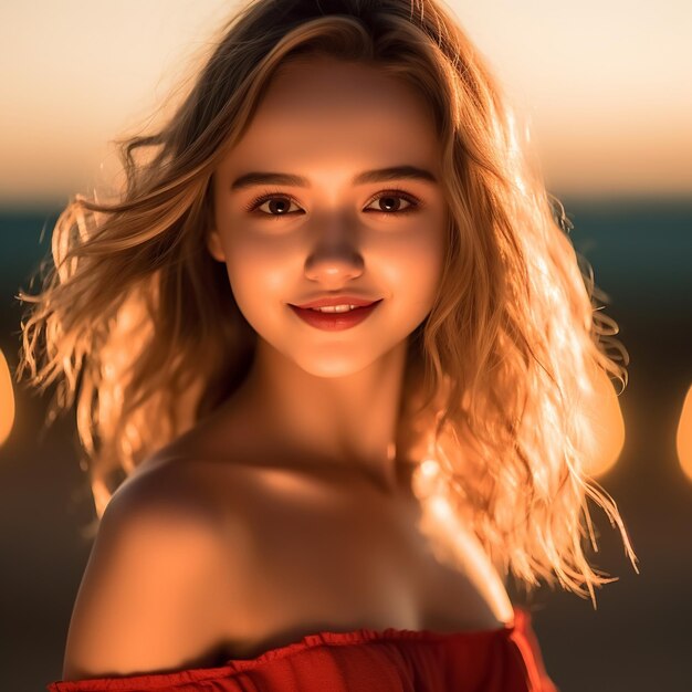 een vrouw met lang blond haar en een rode jurk met de zon achter haar