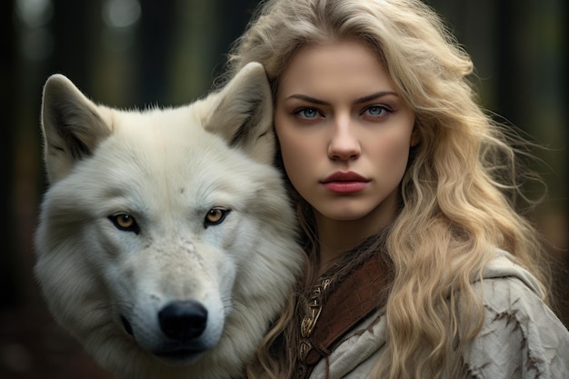 Foto een vrouw met lang blond haar en een wolf