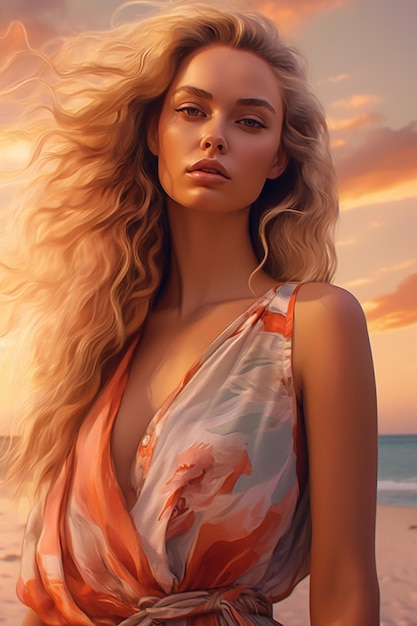 Een vrouw met lang blond haar staat op een strand met een zonsondergang op de achtergrond.