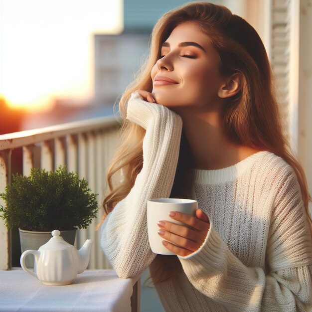 een vrouw met lang haar en een kop koffie