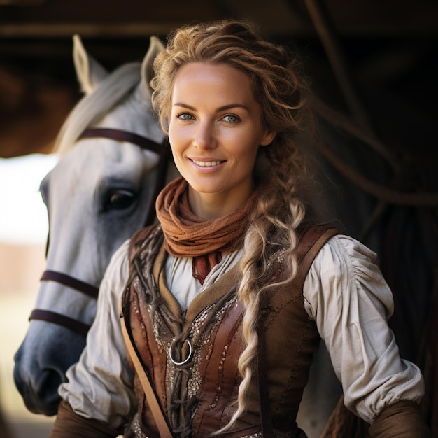 een vrouw met lang haar en een sjaal poseert met een paard.