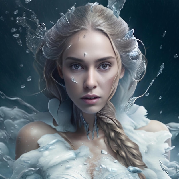 Een vrouw met lang haar en een witte jurk wordt omringd door water.