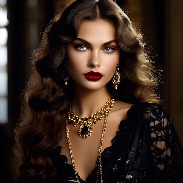 een vrouw met lang haar en rode lippen draagt een zwarte jurk met gouden kralen en een gouden ketting