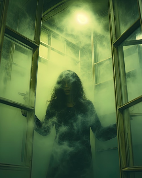 Foto een vrouw met lang haar staat in een deuropening met rook die eruit komt