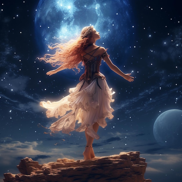 een vrouw met lang haar staat op een rots met de maan achter haar.
