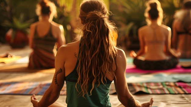 Een vrouw met lang haar zit op een yoga mat met andere mensen