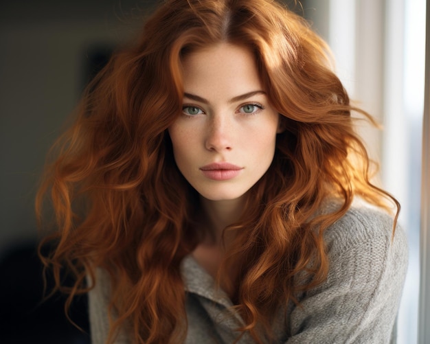 Een vrouw met lang rood haar en blauwe ogen