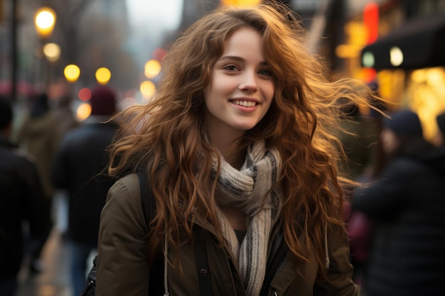 een vrouw met lang rood haar loopt over straat