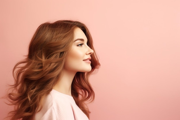 Een vrouw met lang rood haar staat tegen een roze achtergrond.