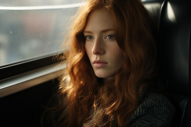 een vrouw met lang rood haar zit op een trein