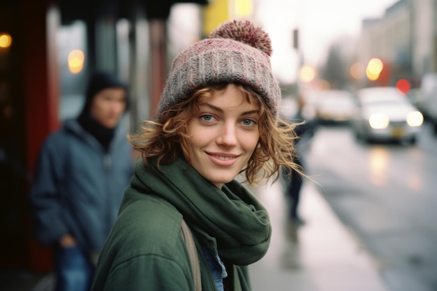 een vrouw met muts en sjaal op straat