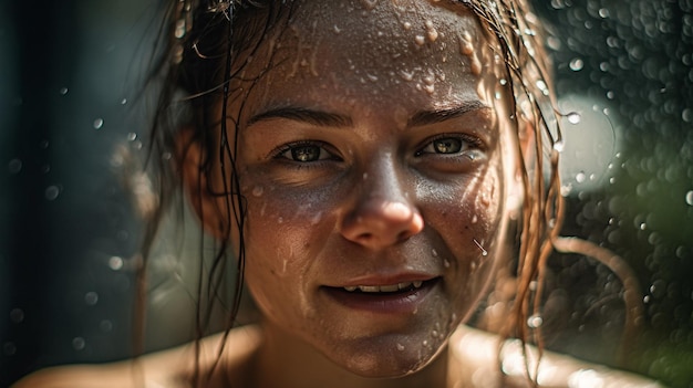 Een vrouw met nat haar en een nat gezicht kijkt naar de camera.