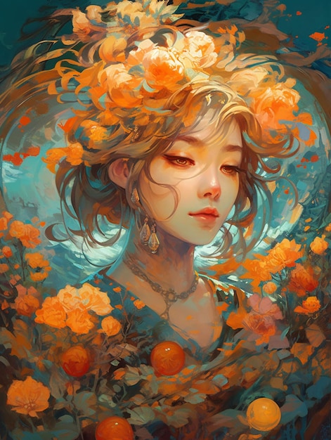Een vrouw met oranje bloemen op haar hoofd