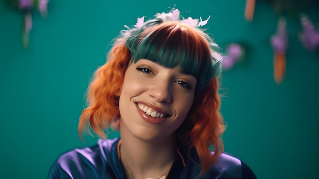 Een vrouw met oranje haar en groen haar glimlacht naar de camera.