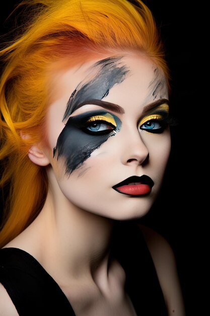 Foto een vrouw met oranje haar en zwarte make-up heeft zwart-gele oogmake-up.