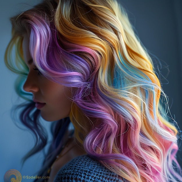 een vrouw met regenbooghaar heeft een foto van een blonde met het woord quote het woord quote erop