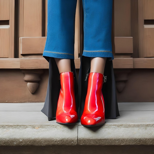 Foto een vrouw met rode laarzen staat op een trede.