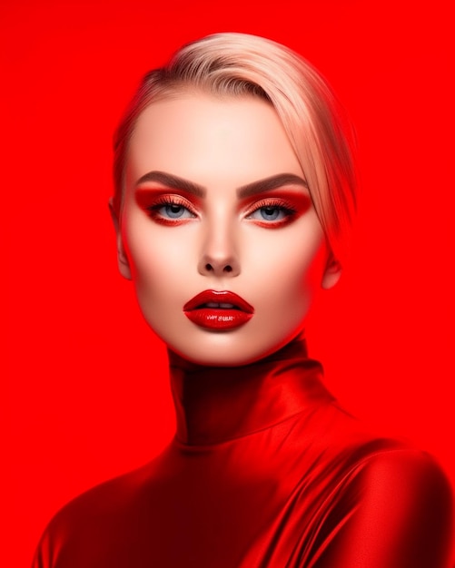Een vrouw met rode lippen en een rode achtergrond