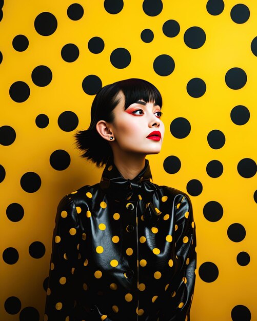 een vrouw met rode lippenstift en een zwart-witte polka dot shirt staat voor een gele muur