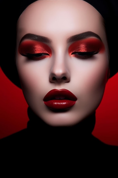 Een vrouw met rode ogen en rode lippenstift
