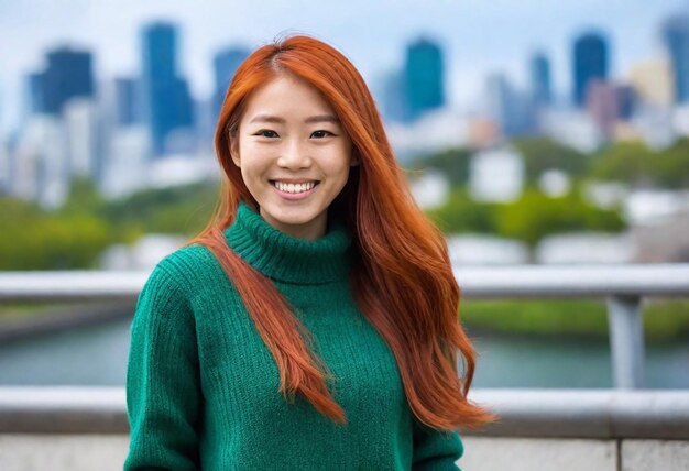 een vrouw met rood haar die glimlacht voor de skyline van de stad