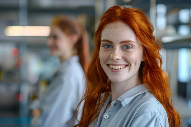 een vrouw met rood haar die voor de camera glimlacht