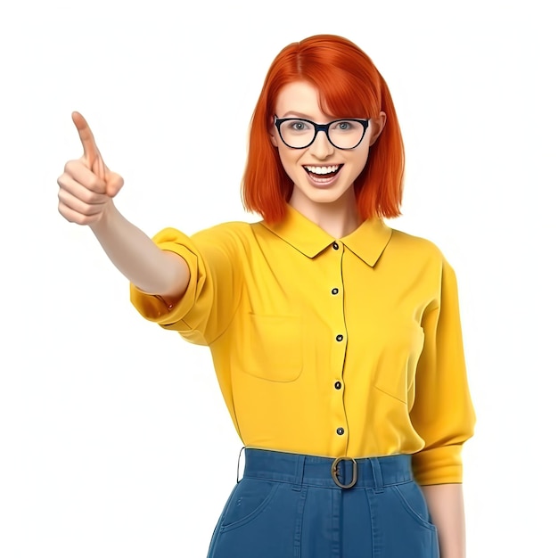 Een vrouw met rood haar draagt een bril en een geel overhemd wijst naar rechts.