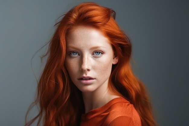 Een vrouw met rood haar en blauwe ogen kijkt naar de camera.