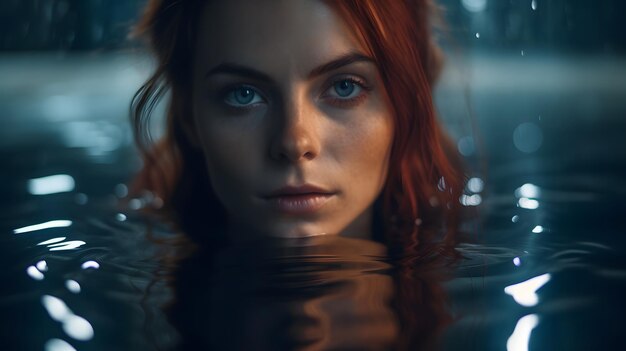 Een vrouw met rood haar en blauwe ogen ligt in het water.