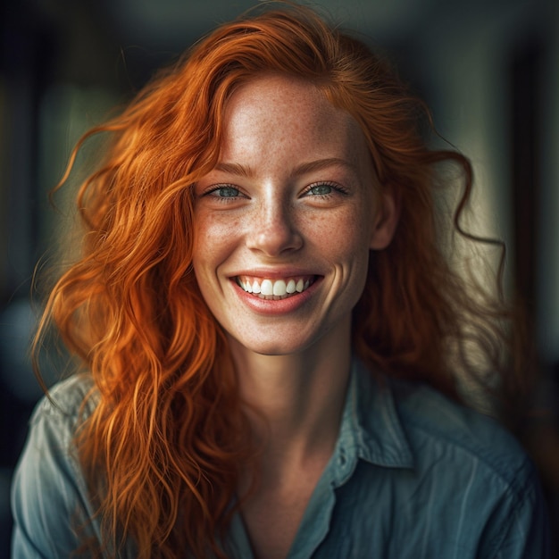 Een vrouw met rood haar en een blauw shirt glimlacht.