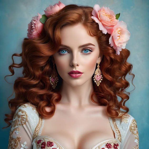 een vrouw met rood haar en een bloem in haar haar