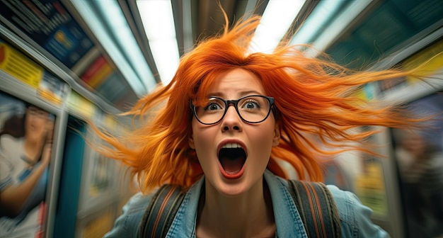 een vrouw met rood haar en een bril met haar mond open