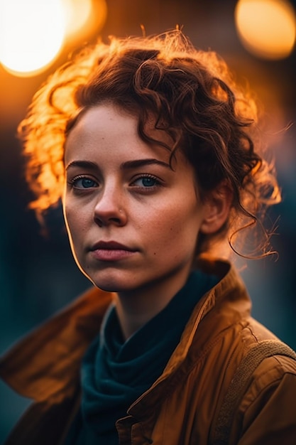 Een vrouw met rood haar en een bruin jasje staat voor een geel licht.