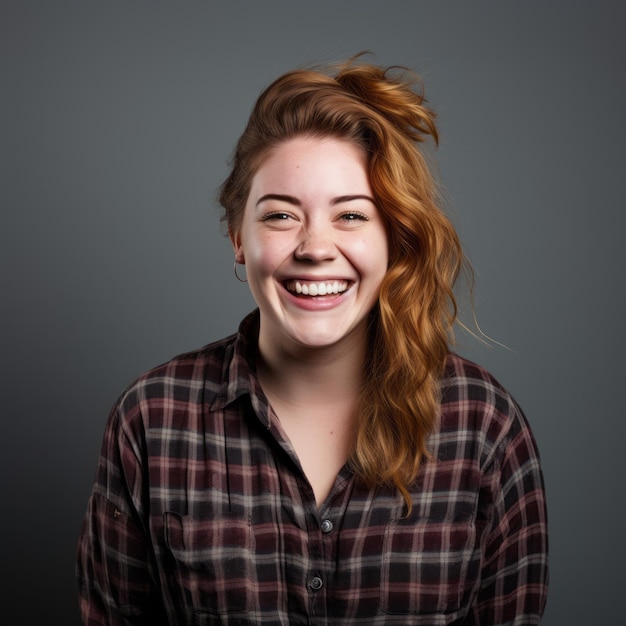 een vrouw met rood haar en een geruit overhemd lacht