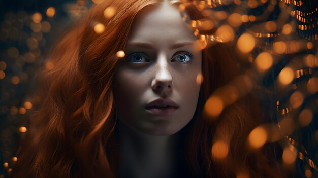 Een vrouw met rood haar en een gloeiend oranje licht op de achtergrond