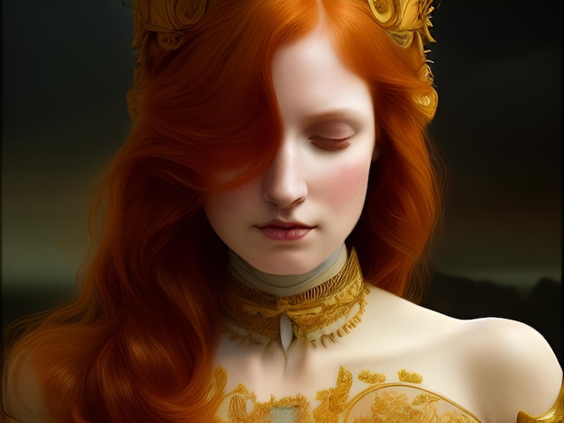 Een vrouw met rood haar en een gouden kroon kijkt naar beneden.