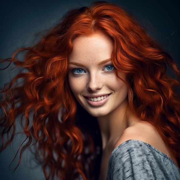 een vrouw met rood haar en een grijs en wit shirt